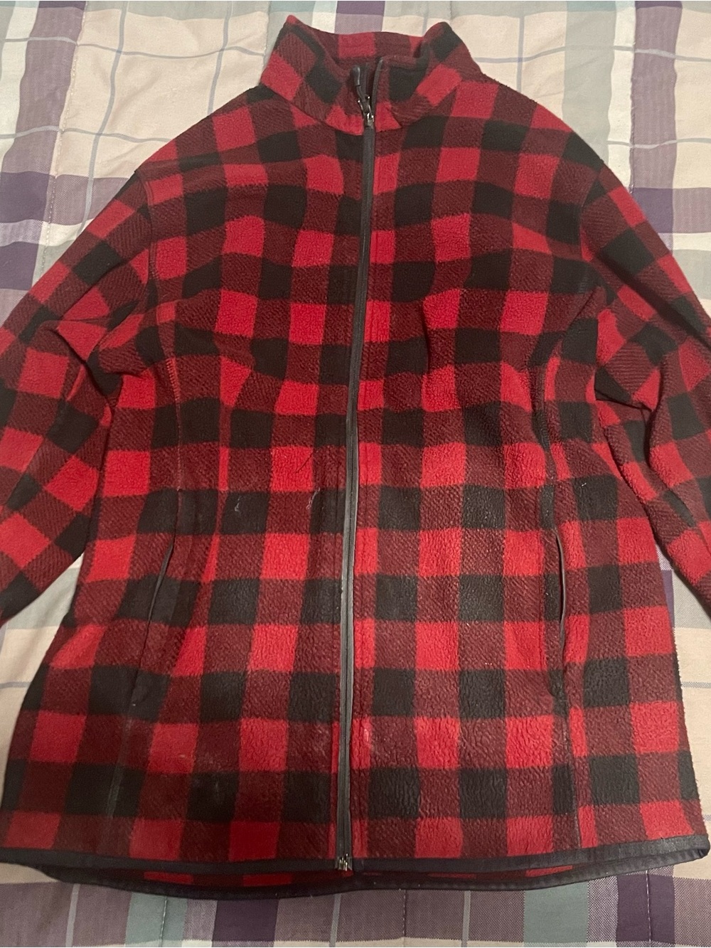 Amazon Essentials Buffalo Plaid Fleece Jacket Womens Large Red Black Full Zip